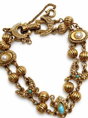 Victorian Revival Goldette Crescent & Bead Bracelet with Blue and Pearl Accents